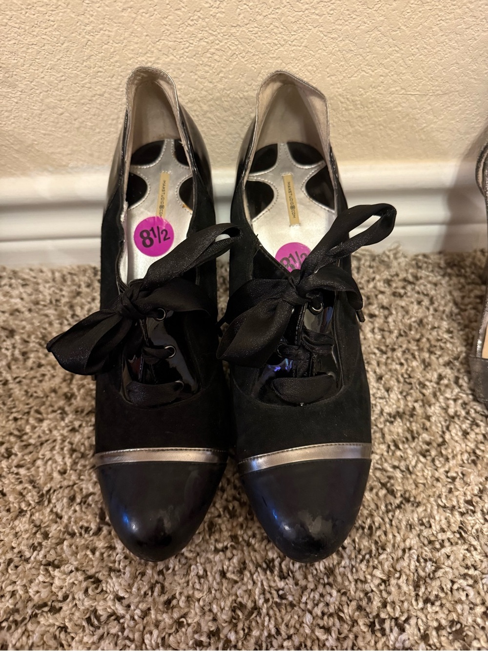 Black Suede Lace-Up Heels with Silver Cap Toe